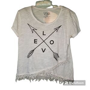 Cold Crush Junior XS Ivory Lace Trim Graphic Tee Boho Love Crossed Arrows Shirt